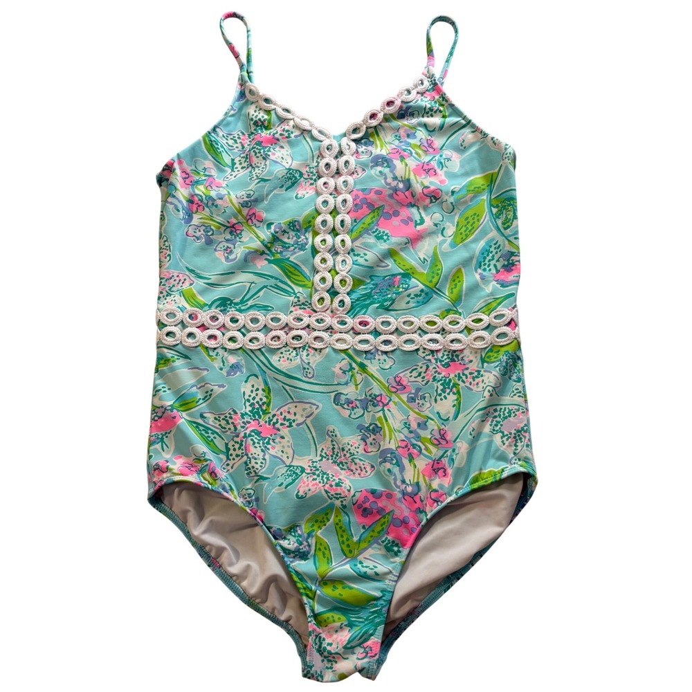 Lilly Pulitzer Girls Blue Floral Fish Print One Piece Swimsuit Eyelet Trim 14